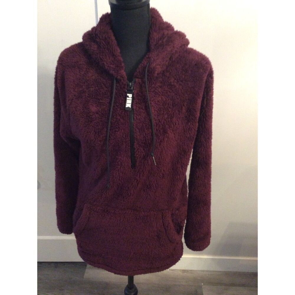 Victoria's Secret PINK Burgandy Teddy Bear Warm Hoodie 1/2 Zip XS